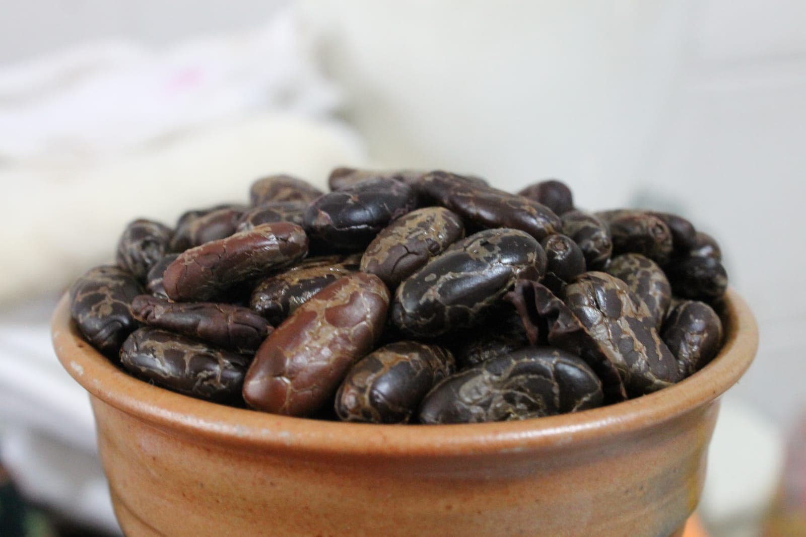Granos de cacao tostados en un cuenco de barro, listos para moler