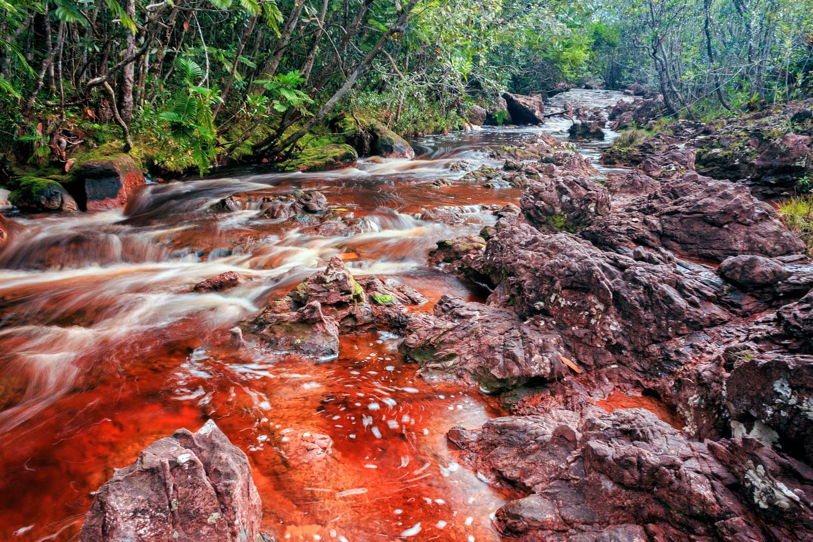 Caño de aguas claras sobre roca roja en la selva de Amazonas