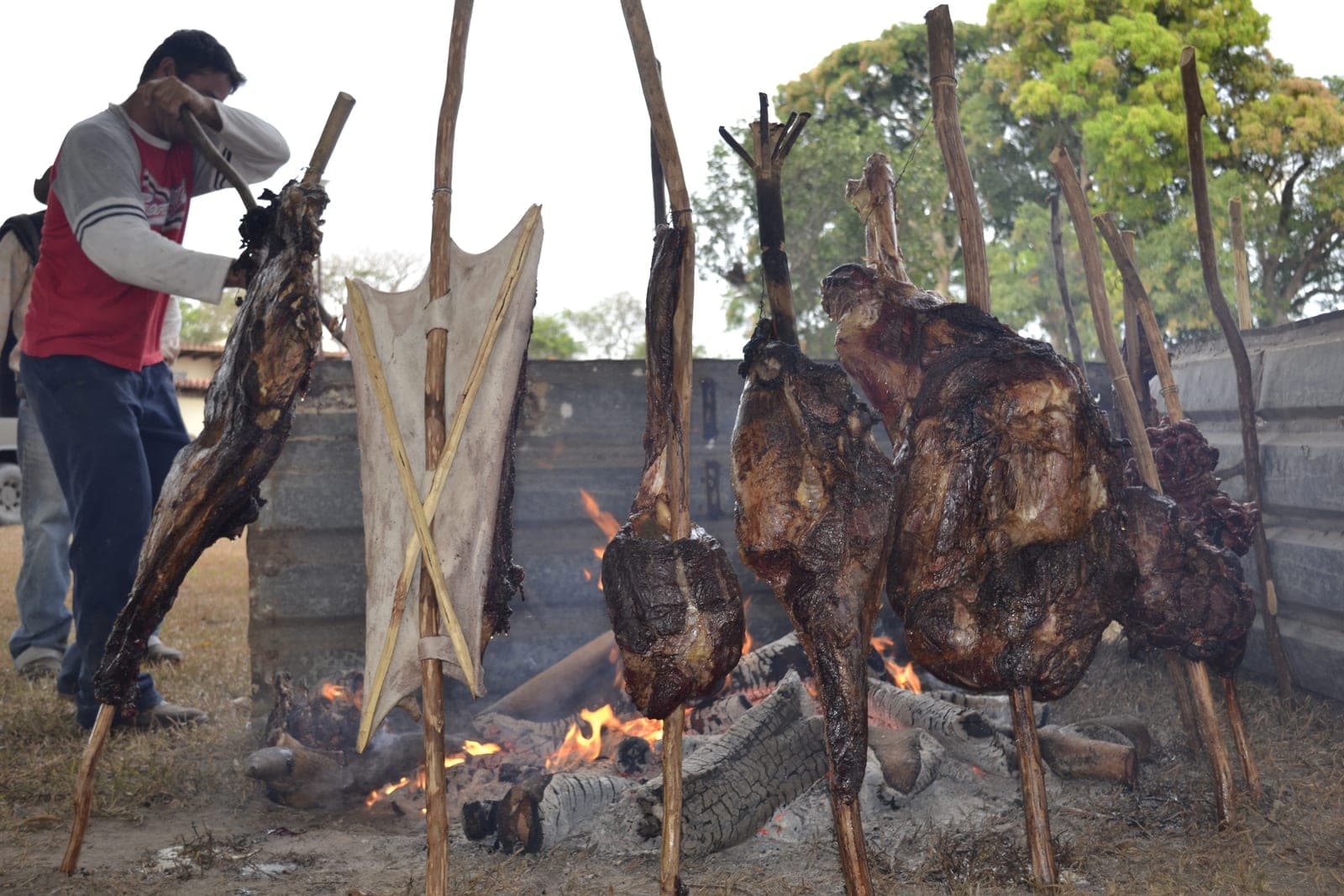 Carne en vara y entreverado asándose junto a la hoguera en un hato llanero