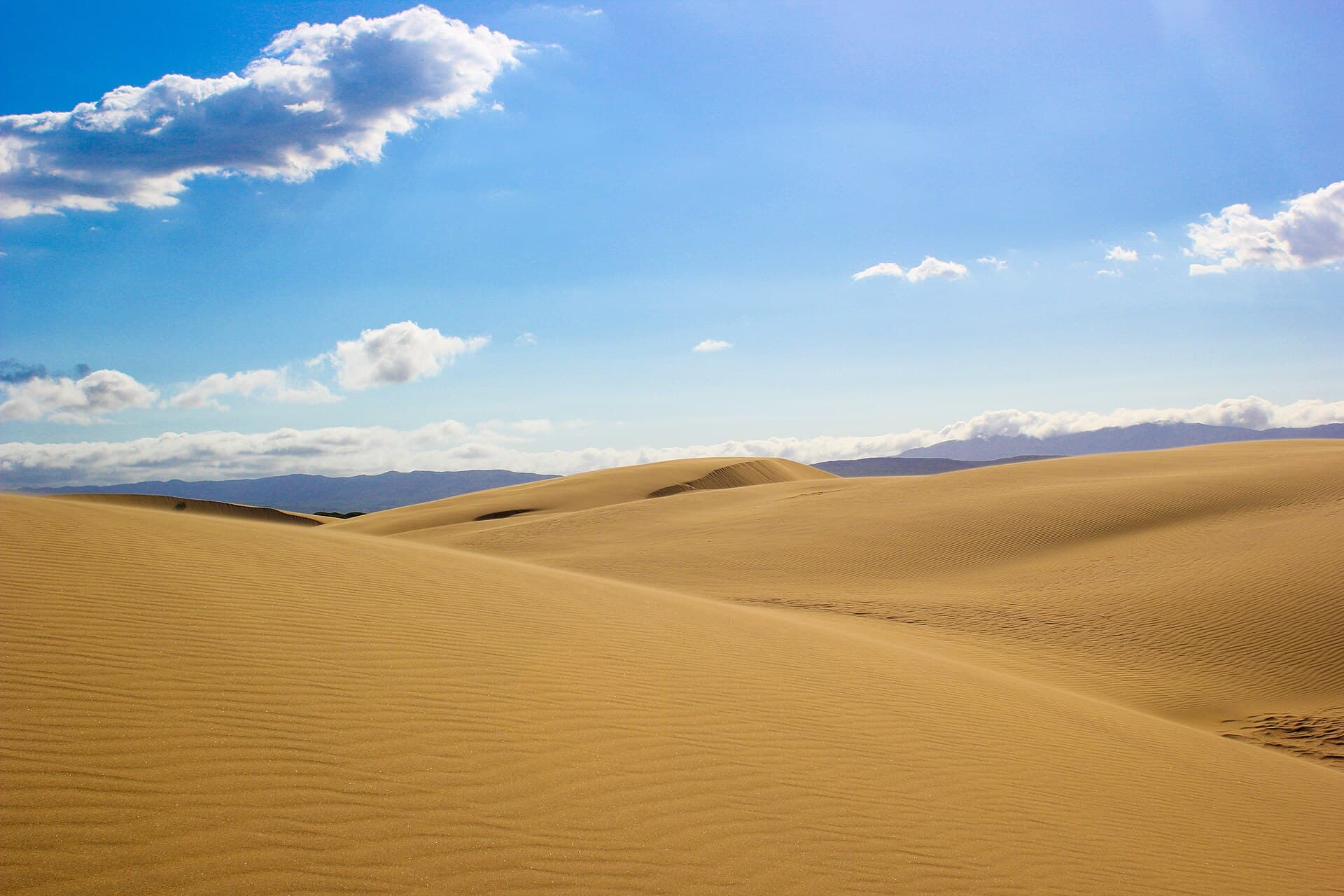 Dunas doradas de los Médanos de Coro con nubes sobre el horizonte