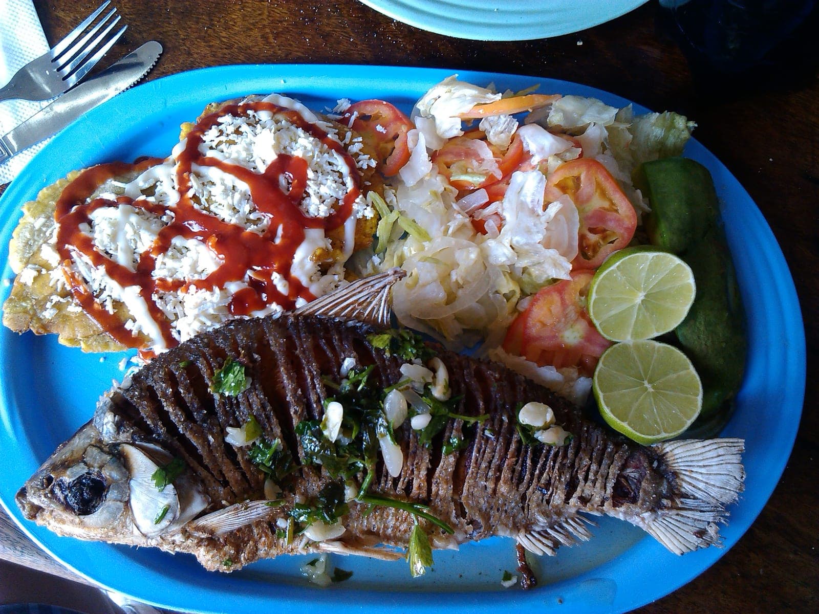 Pescado frito con tostones y ensalada, plato típico de la costa aragüeña