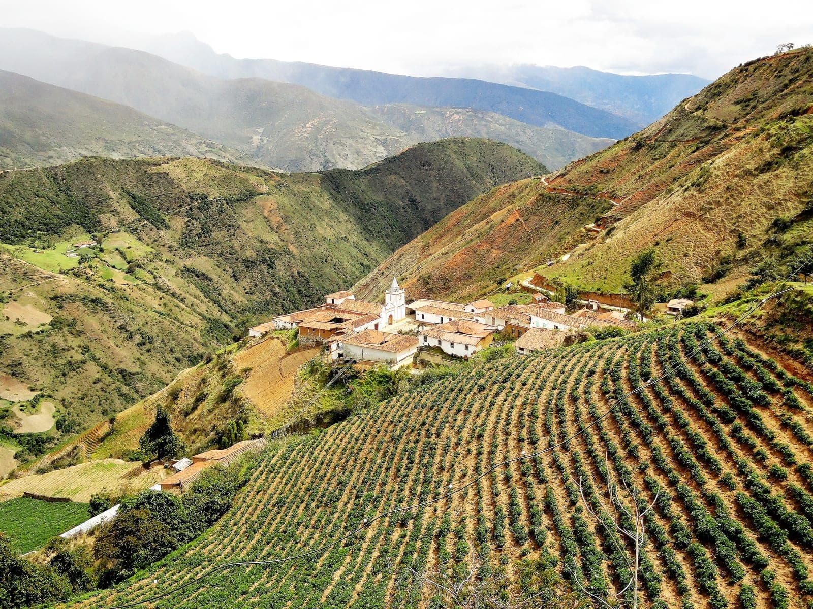 Cultivos en pendiente junto a un pueblo andino