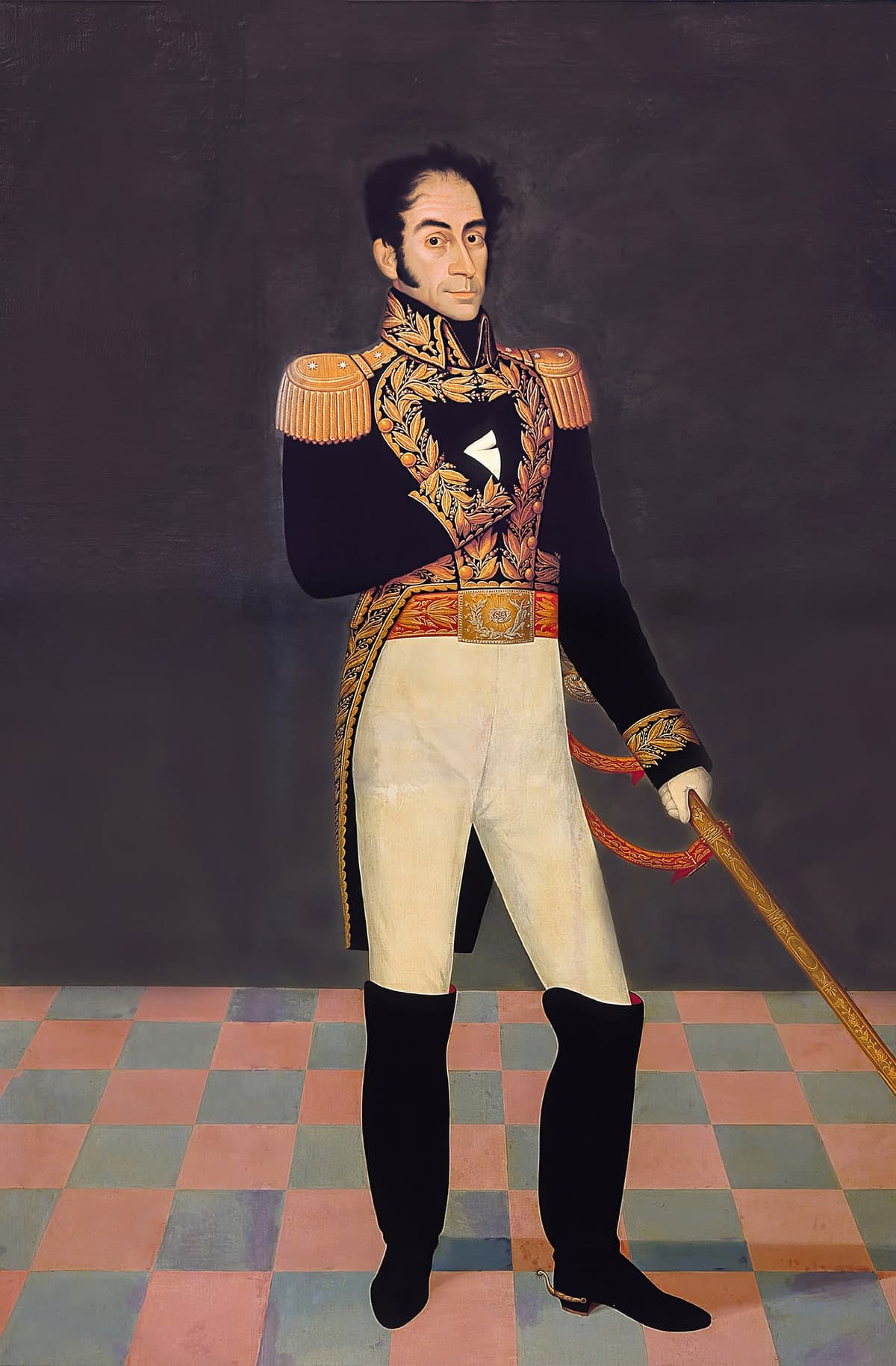 Retrato de Simón Bolívar de cuerpo entero, en uniforme militar, pintado por José Gil de Castro en 1825