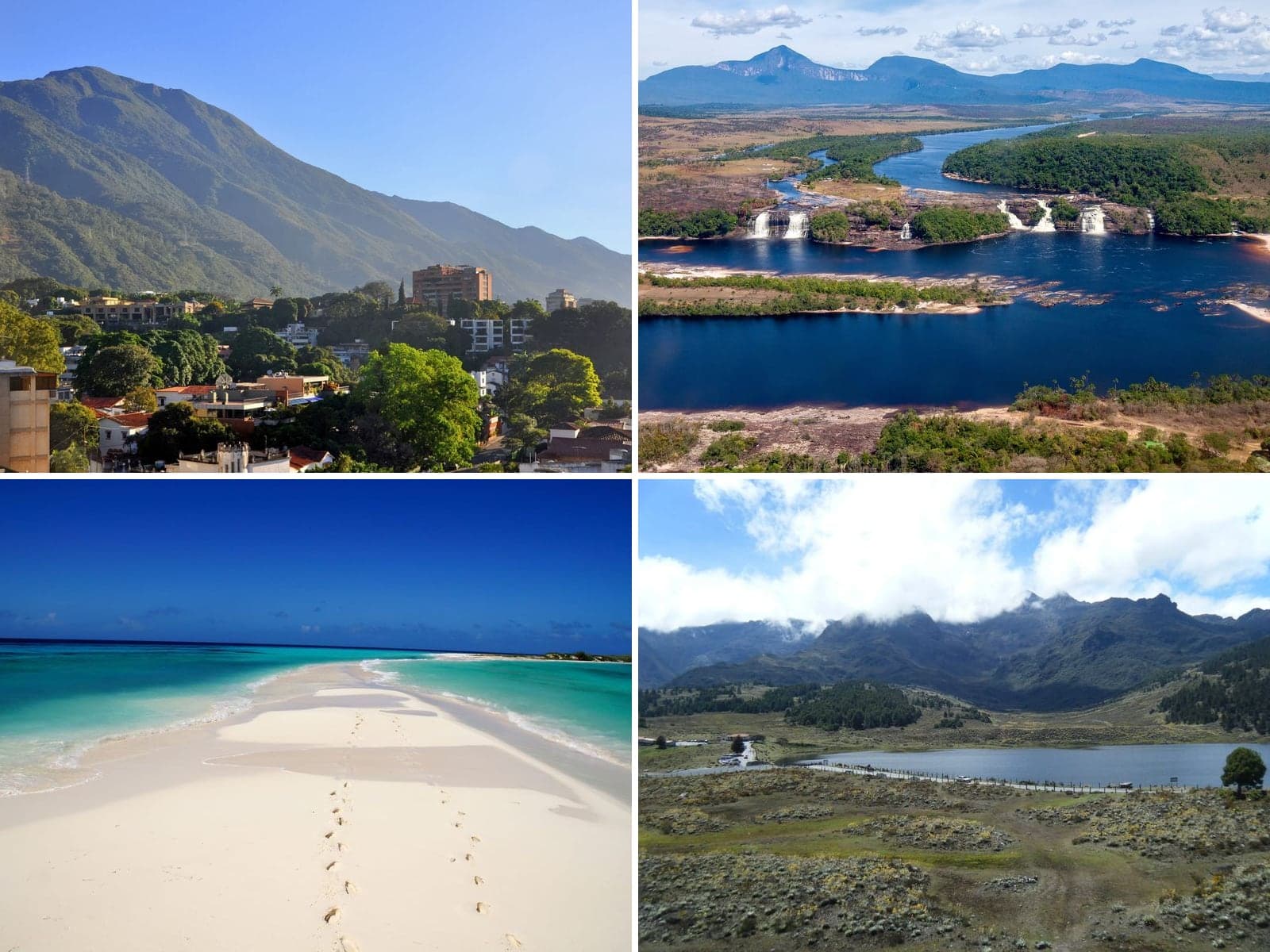Cuatro etapas de la ruta: Caracas con el Ávila, la laguna de Canaima, Cayo de Agua en Los Roques y la laguna de Mucubají en Mérida